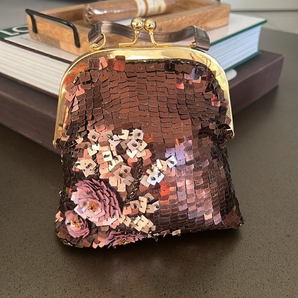 BRACCIALINI Vintage Brown Sequins Beads Small Bag Hangbag Made In Italy.